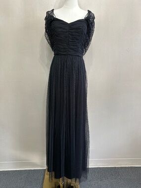 New DKNY Black Tulle Beaded Sequin Ruched Sweetheart Sheer Maxi Gown Zip 2
